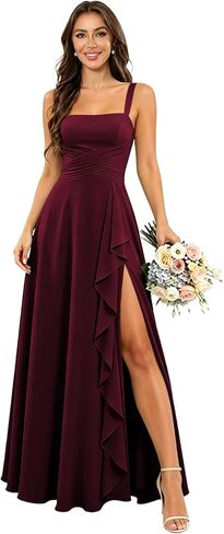 Chiffon Bridesmaid Dresses for Women Long Spaghetti Straps Ruffle Formal Wedding Guest Dress with Slit in Kuwait