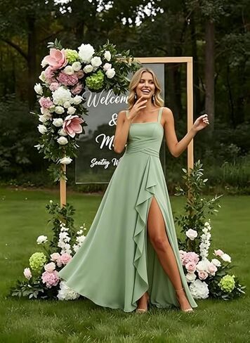 Chiffon Bridesmaid Dresses for Women Long Spaghetti Straps Ruffle Formal Wedding Guest Dress with Slit in Kuwait