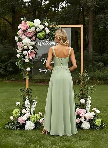 Chiffon Bridesmaid Dresses for Women Long Spaghetti Straps Ruffle Formal Wedding Guest Dress with Slit in Kuwait