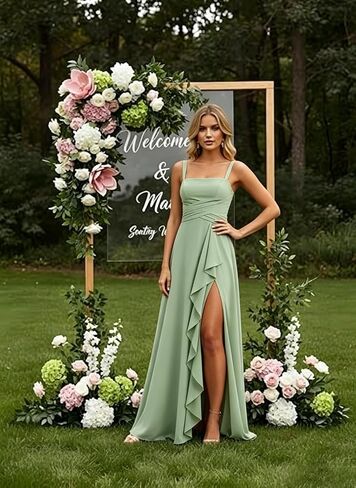 Chiffon Bridesmaid Dresses for Women Long Spaghetti Straps Ruffle Formal Wedding Guest Dress with Slit in Kuwait