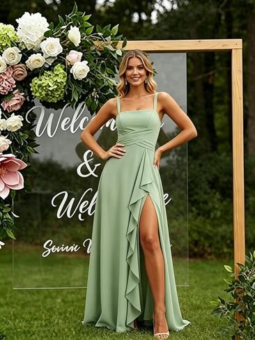 Chiffon Bridesmaid Dresses for Women Long Spaghetti Straps Ruffle Formal Wedding Guest Dress with Slit in Kuwait