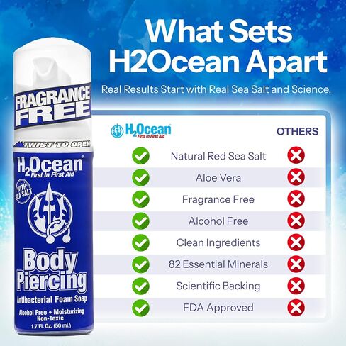 H2Ocean Body Piercing Foam Soap - Organic Sea Salt Aftercare with Aloe Vera, Alcohol-Free, Unscented, Vegan & Gentle Cleansing Tattoo and Piercing Soap for Moisturizing - 1.7oz in Saudi Arabia