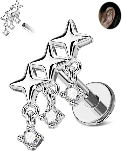 CM Crareesi Mania Star Helix Stud Earrings, 16G Flat Back Helix Cartilage Stud, 316L Stainless Steel Forward Helix Piercing Jewelry, Dangle Cartilage Studs in Kuwait