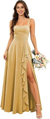 Chiffon Bridesmaid Dresses for Women Long Spaghetti Straps Ruffle Formal Wedding Guest Dress with Slit in Kuwait
