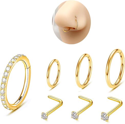7Pcs 18g Surgical Steel Gold Nose Rings CZ Nose Hoop, 20G L Shaped Diamond Small Nose Studs for Nose Cartilage Helix Daith Tragus Sleeper Piercing Jewelry (7pcs Gold in Kuwait