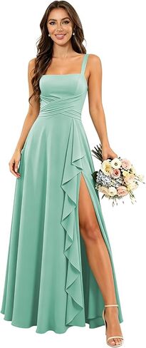 Chiffon Bridesmaid Dresses for Women Long Spaghetti Straps Ruffle Formal Wedding Guest Dress with Slit in Kuwait