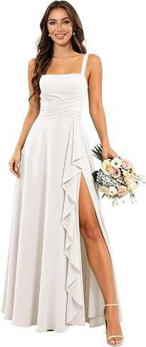 Chiffon Bridesmaid Dresses for Women Long Spaghetti Straps Ruffle Formal Wedding Guest Dress with Slit in Kuwait