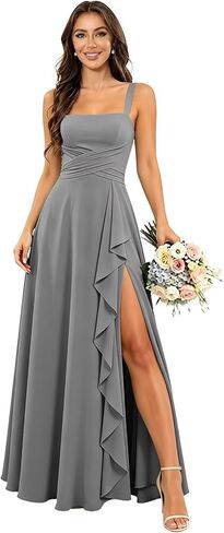 Chiffon Bridesmaid Dresses for Women Long Spaghetti Straps Ruffle Formal Wedding Guest Dress with Slit in Kuwait