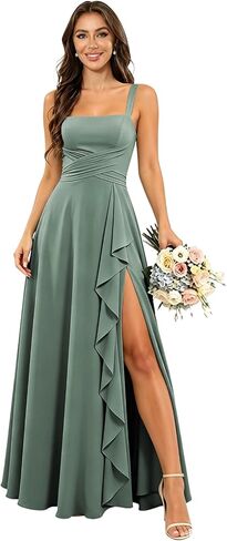 Chiffon Bridesmaid Dresses for Women Long Spaghetti Straps Ruffle Formal Wedding Guest Dress with Slit in Kuwait