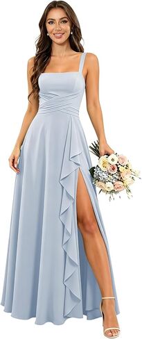 Chiffon Bridesmaid Dresses for Women Long Spaghetti Straps Ruffle Formal Wedding Guest Dress with Slit in Kuwait
