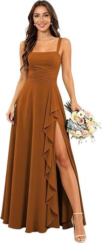 Chiffon Bridesmaid Dresses for Women Long Spaghetti Straps Ruffle Formal Wedding Guest Dress with Slit in Kuwait