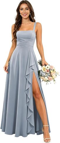 Chiffon Bridesmaid Dresses for Women Long Spaghetti Straps Ruffle Formal Wedding Guest Dress with Slit in Kuwait