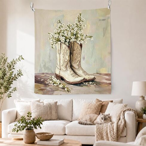 WPQTHIP Western Cowgirl Tapestry, Rustic Floral Cowgirl Boots Wall Tapestries, Vintage Country Southwestern Wall Hanging Decor for Girls Room Dorm Home Bedroom Living Room, 50x60 Inch in Kuwait