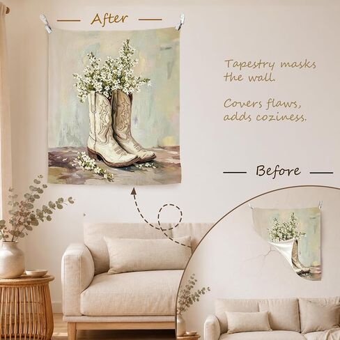 WPQTHIP Western Cowgirl Tapestry, Rustic Floral Cowgirl Boots Wall Tapestries, Vintage Country Southwestern Wall Hanging Decor for Girls Room Dorm Home Bedroom Living Room, 50x60 Inch in Kuwait