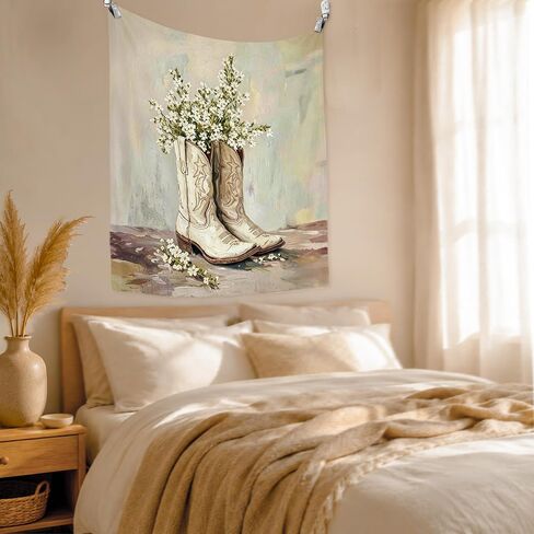 WPQTHIP Western Cowgirl Tapestry, Rustic Floral Cowgirl Boots Wall Tapestries, Vintage Country Southwestern Wall Hanging Decor for Girls Room Dorm Home Bedroom Living Room, 50x60 Inch in Kuwait