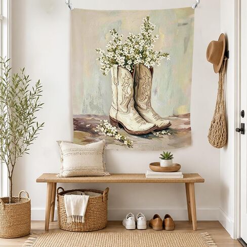 WPQTHIP Western Cowgirl Tapestry, Rustic Floral Cowgirl Boots Wall Tapestries, Vintage Country Southwestern Wall Hanging Decor for Girls Room Dorm Home Bedroom Living Room, 50x60 Inch in Kuwait