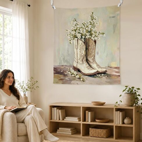 WPQTHIP Western Cowgirl Tapestry, Rustic Floral Cowgirl Boots Wall Tapestries, Vintage Country Southwestern Wall Hanging Decor for Girls Room Dorm Home Bedroom Living Room, 50x60 Inch in Kuwait