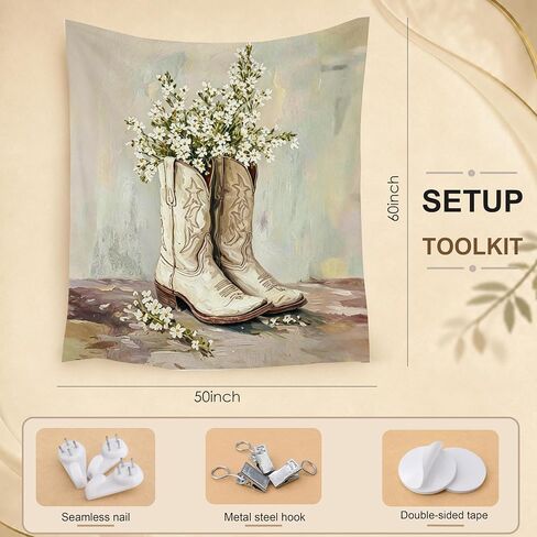 WPQTHIP Western Cowgirl Tapestry, Rustic Floral Cowgirl Boots Wall Tapestries, Vintage Country Southwestern Wall Hanging Decor for Girls Room Dorm Home Bedroom Living Room, 50x60 Inch in Kuwait