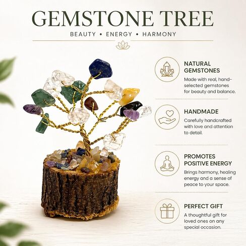7 Chakra Crystal Tree for Home Decor | Handcrafted Gemstone Bonsai Tree for Positive Energy, Vastu & Gifting | Wooden Base (Multi Color Small) in Kuwait