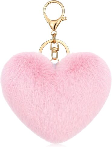 Pom Pom Keychain, Pink Plush Keychain Pink Heart Keychains Soft Artificial Rabbit Fur Fluffy Heart Keychains for Car Bags Handbags Tote Bag Pendant Purse Charms for Women in Saudi Arabia