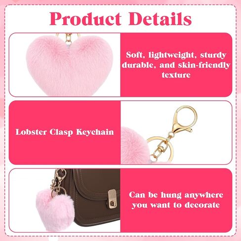 Pom Pom Keychain, Pink Plush Keychain Pink Heart Keychains Soft Artificial Rabbit Fur Fluffy Heart Keychains for Car Bags Handbags Tote Bag Pendant Purse Charms for Women in Saudi Arabia