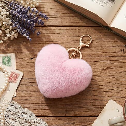 Pom Pom Keychain, Pink Plush Keychain Pink Heart Keychains Soft Artificial Rabbit Fur Fluffy Heart Keychains for Car Bags Handbags Tote Bag Pendant Purse Charms for Women in Saudi Arabia