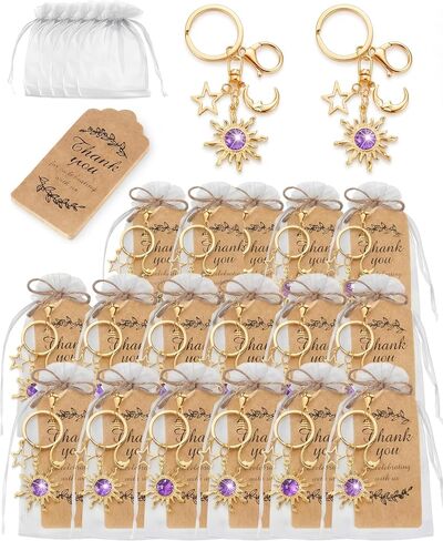 Nosiny 20 Sets Sun Star Moon Gold Keychain Gifts Bulk with Thank You Tags Organza Bags 2k Aesthetic Boho Hippie Keychain Party Favor for Baby Shower Birthday Party in Kuwait