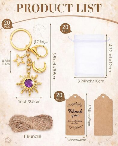Nosiny 20 Sets Sun Star Moon Gold Keychain Gifts Bulk with Thank You Tags Organza Bags 2k Aesthetic Boho Hippie Keychain Party Favor for Baby Shower Birthday Party in Kuwait
