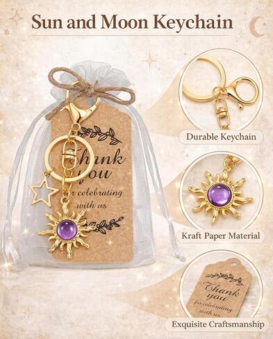 Nosiny 20 Sets Sun Star Moon Gold Keychain Gifts Bulk with Thank You Tags Organza Bags 2k Aesthetic Boho Hippie Keychain Party Favor for Baby Shower Birthday Party in Kuwait