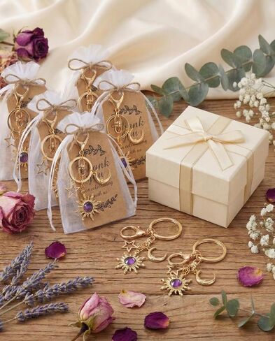 Nosiny 20 Sets Sun Star Moon Gold Keychain Gifts Bulk with Thank You Tags Organza Bags 2k Aesthetic Boho Hippie Keychain Party Favor for Baby Shower Birthday Party in Kuwait