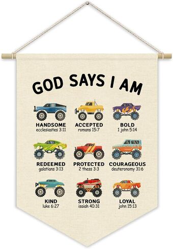 Monster Truck Boys Room Decor Pennant Banner, Christian Nursery Bedroom Wall Decorations, God Says I Am Wall Hanging, Faith Based Toddler Boy Bedroom Playroom Decor 15x11 Inchs in Saudi Arabia