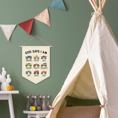 Monster Truck Boys Room Decor Pennant Banner, Christian Nursery Bedroom Wall Decorations, God Says I Am Wall Hanging, Faith Based Toddler Boy Bedroom Playroom Decor 15x11 Inchs in Saudi Arabia