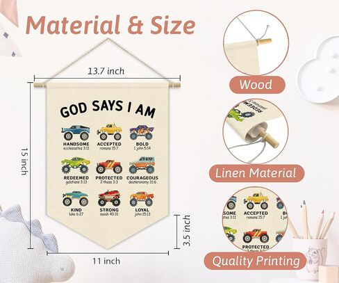 Monster Truck Boys Room Decor Pennant Banner, Christian Nursery Bedroom Wall Decorations, God Says I Am Wall Hanging, Faith Based Toddler Boy Bedroom Playroom Decor 15x11 Inchs in Saudi Arabia