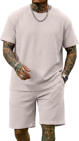 COOFANDY Men's Cotton Waffle 2 Piece Outfits Casual Short Sleeve Shirts and Shorts Set Summer Jogging Tracksuit Lounge Sets in Saudi Arabia