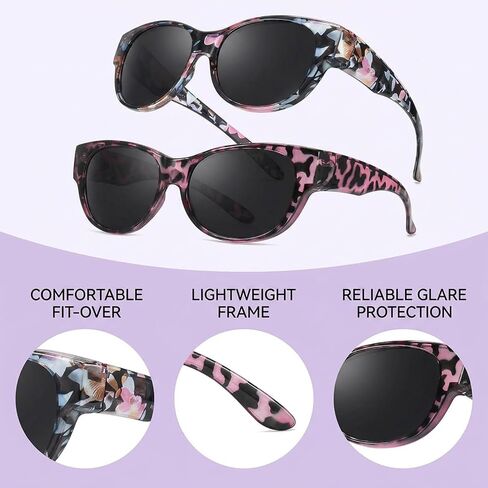 Sunglasses that Fit Over Glasses for Women, Polarized Fit Over Glasses Sunglasses for Driving and Outdoor Activities, Purple Tortoiseshell Gray Lens with Floral Pattern Design in Saudi Arabia