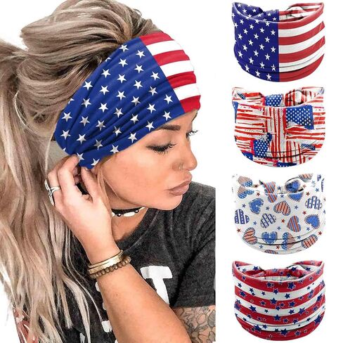 Olbye 4th of July عصابات رأس الولايات المتحدة الأمريكية الوطنية العلم الأمريكي عصابات رأس عمامة واسعة معقودة غير قابلة للانزلاق أحمر أبيض أزرق باندانا نجوم خطوط يوم الاستقلال إكسسوارات الشعر للنساء 4 قطع (الولايات المتحدة الأمريكية) in Kuwait