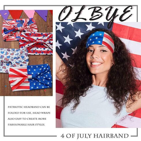 Olbye 4th of July عصابات رأس الولايات المتحدة الأمريكية الوطنية العلم الأمريكي عصابات رأس عمامة واسعة معقودة غير قابلة للانزلاق أحمر أبيض أزرق باندانا نجوم خطوط يوم الاستقلال إكسسوارات الشعر للنساء 4 قطع (الولايات المتحدة الأمريكية) in Kuwait