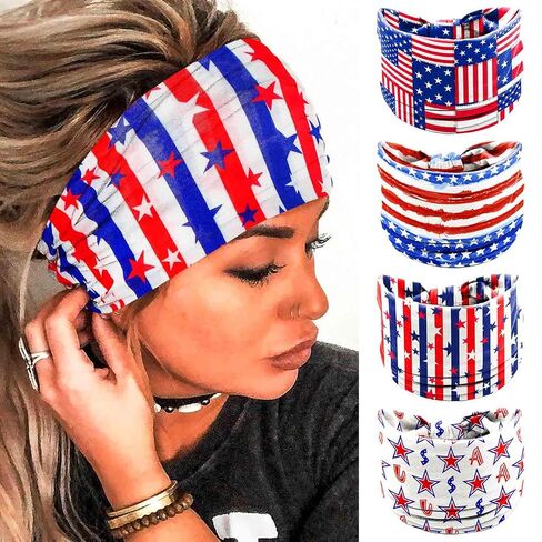 Olbye 4th of July عصابات رأس الولايات المتحدة الأمريكية الوطنية العلم الأمريكي عصابات رأس عمامة واسعة معقودة غير قابلة للانزلاق أحمر أبيض أزرق باندانا نجوم خطوط يوم الاستقلال إكسسوارات الشعر للنساء 4 قطع (الولايات المتحدة الأمريكية) in Kuwait