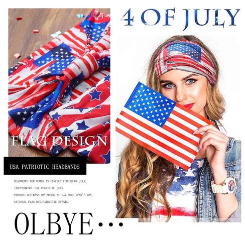 Olbye 4th of July عصابات رأس الولايات المتحدة الأمريكية الوطنية العلم الأمريكي عصابات رأس عمامة واسعة معقودة غير قابلة للانزلاق أحمر أبيض أزرق باندانا نجوم خطوط يوم الاستقلال إكسسوارات الشعر للنساء 4 قطع (الولايات المتحدة الأمريكية) in Kuwait