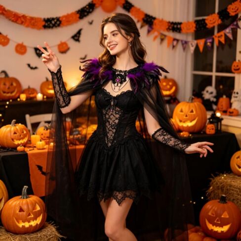 Women's Gothic Feather Tulle Cape, Peacock Feather Collar Cloak, Halloween Vampire Costume Masquerade Party Cosplay in Saudi Arabia