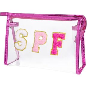 حقيبة مكياج شفافة من Preppy Patch، حقيبة حروف من قماش شانيل SPF للشاطئ، حقيبة شفافة بسحاب، حقائب سفر من Preppy حقيبة مستحضرات التجميل للنساء والفتيات المراهقات (أزرق) in Kuwait