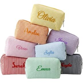 Custom Name Embroidered Seersucker Makeup Bag, Personalized Striped Cosmetic Pouch, Lightweight Large Capacity Travel Toiletry Bag, Bridesmaid & Wedding Gift (Pillow Shape) in Saudi Arabia