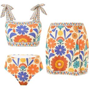 RoseSeek Women's 3 Piece Boho Bikini Set Colorful Floral Print Tank Tops with Panties with Cover Up Skirts in Kuwait