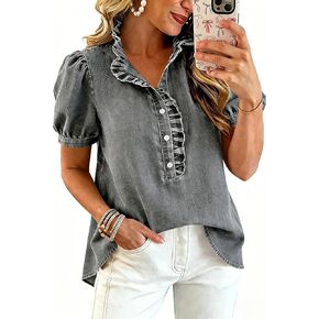 Denim Shirts for Women Puff Sleeve Ruffle Denim Peplum Top Y2k Casual Button Up Jean Shirt Cowgirl Summer Tunic Tops in Kuwait