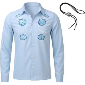 Men's Napoleon Cosplay Dynamite Costume Pedro Bomb Blue Shirts Printed Long Sleeve Casual Shirts with Bolo Tie in Saudi Arabia