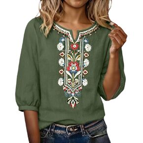 Embroidered Tops for Women Linen Shirts Peasant Blouses 3/4 Sleeve Summer Gauze Bohemian Linen Tunic Tops in Saudi Arabia