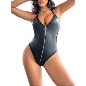 OYOANGLE Women's PU Leather Zip Up Teddy Bodysuits 3 Piece Halter Lingerie with Headband and Eye Mask in Saudi Arabia
