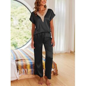 Womens Silk Pajamas Set Satin Pjs with Long Pants Short Sleeve Sleepwear Guipure V Neck Loungewear in Kuwait