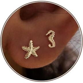 2 Pairs Starfish Stud Earrings for Women Trendy 14K Gold Plated/Silver Shell Turtles Seahorses Ocean Beach Beachy Summer Essentials Sea Outfits Themed Jewelry in Saudi Arabia