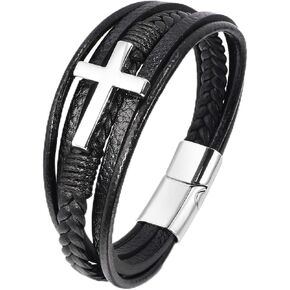 Q&D&S Multi-Layer Braided Leather Cross Bracelet, Black Genuine Leather Cuff Bracelet, Religious Style Men's Wristband in Saudi Arabia